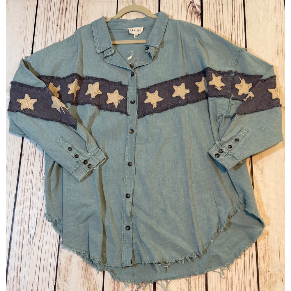 Oli & Hali Blue Denim Star Patch Frayed Hem Button Down Shirt XL Oversized